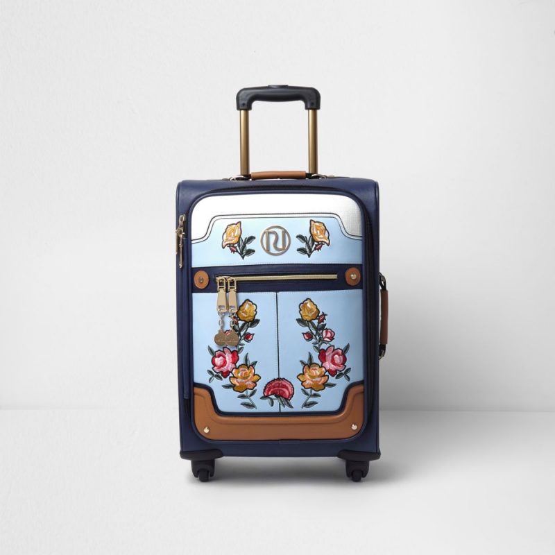 Blue Floral Embroidered Four Wheel Suitcase