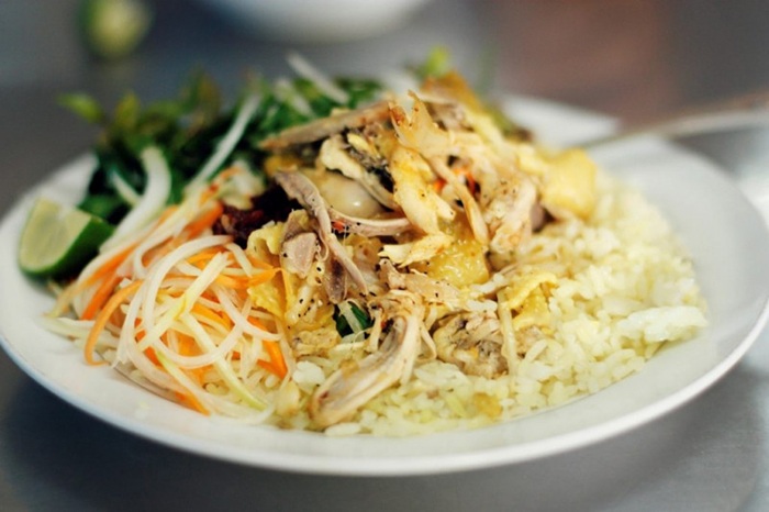 rice topped with shredded chicken